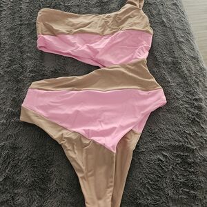 Camila Coelho Pink and Tan One-Shoulder Swimsuit